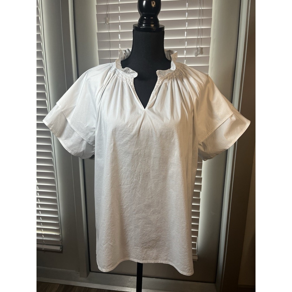 Ming Wang White Poplin Blouse Ruffle Neck Flutter Sleeve Minimalist Top Womens L - Picture 2 of 12